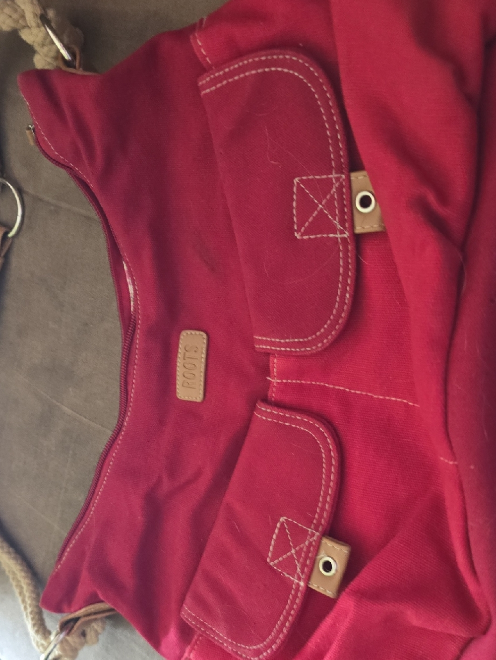Roots Red Canvas Crossbody Bag with Tan Accents